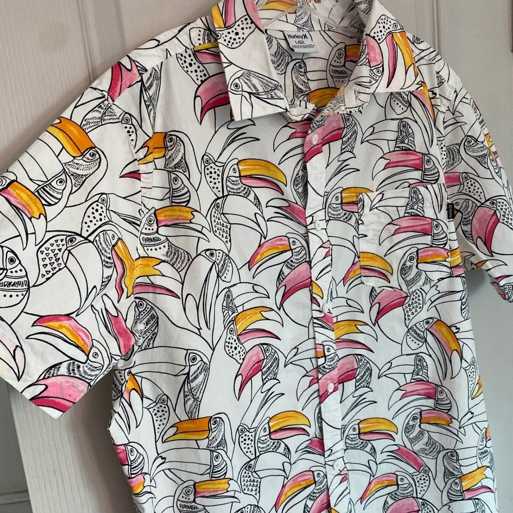 Hurley Mens Toucan Print Short Sleeve Button Down Shirt White Pink Large - Picture 8 of 9